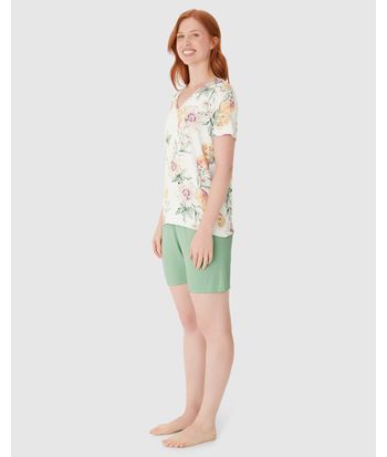 Pijama Curto Feminino Blusa Estampada Decote V Em Viscose Stretch