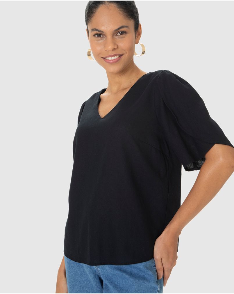 Blusa Box Feminina Decote V Fenda Lateral Em Viscolinho PRETO - Malwee