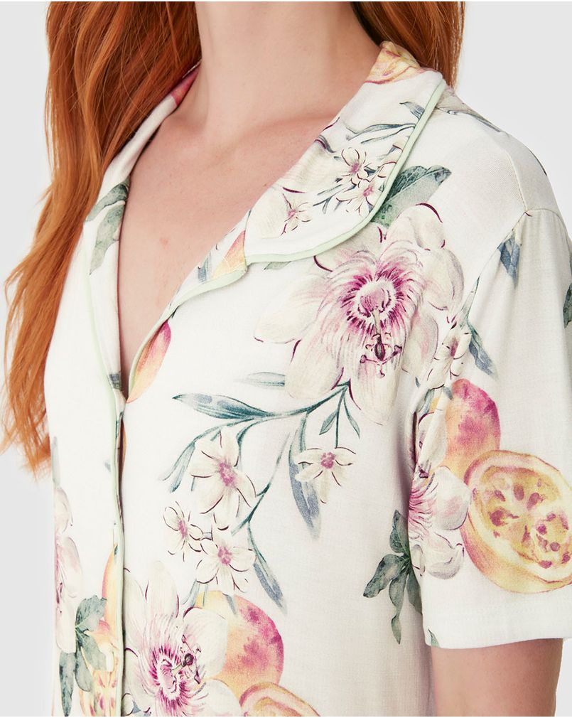 Camisola Americana Feminina Estampada Abotoamento Frontal Viscose