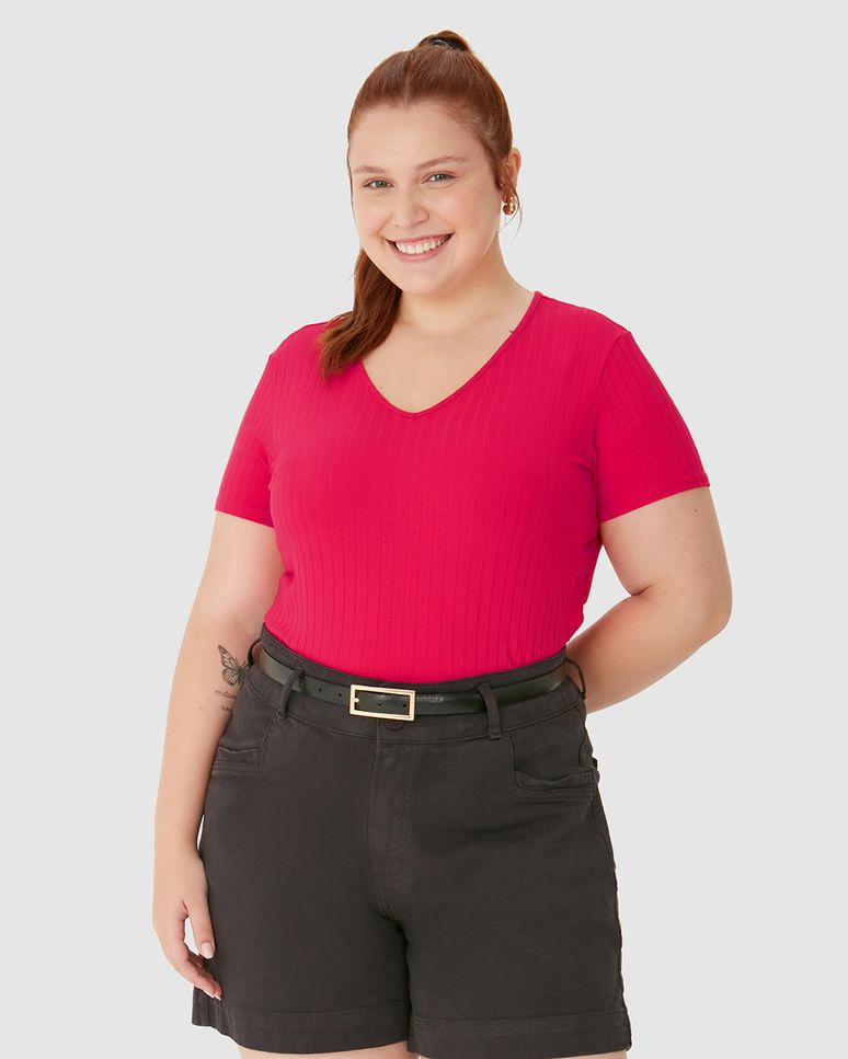 Blusa Básica Feminina Plus Size Decote V Em Canelado De Viscose