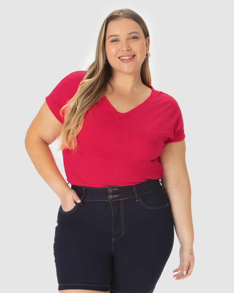Blusa Feminina Plus Size Mullet Decote V Manga Curta Em Malha Rajada