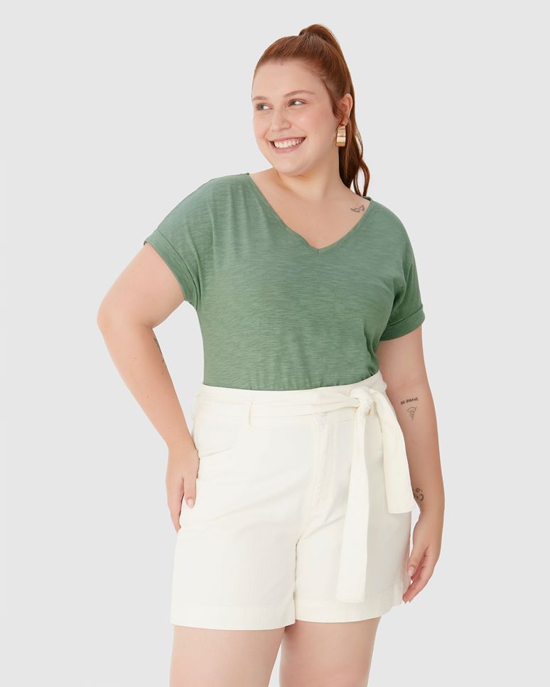 Blusa Feminina Plus Size Mullet Decote V Manga Curta Em Malha Rajada