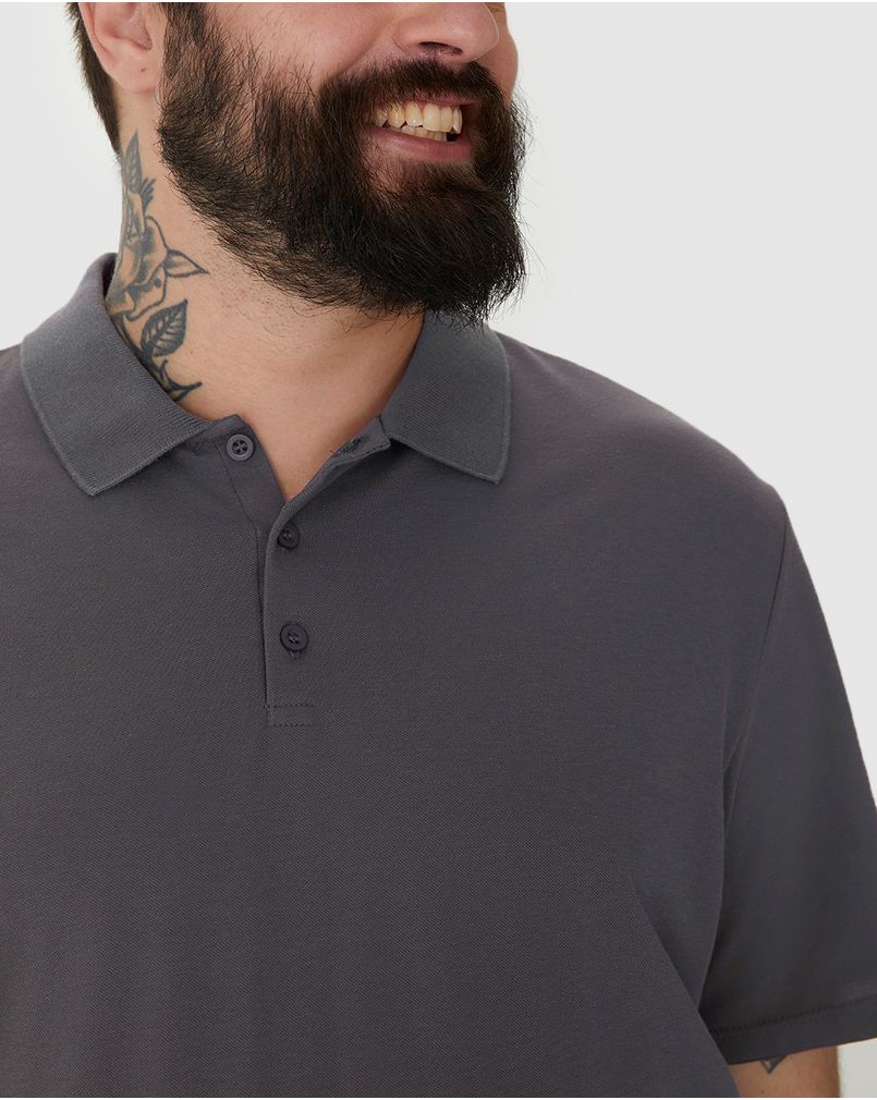 Camisa Polo Básica Masculina Plus Size Em Piquet Stretch CINZA