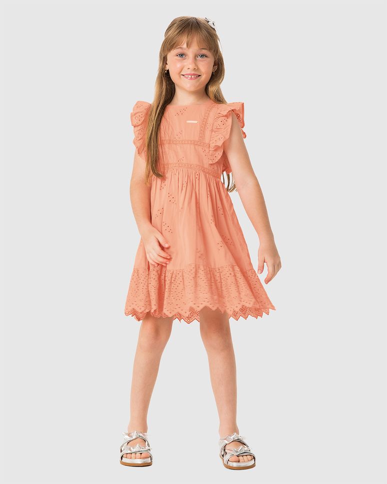 Vestido Menina Decote Quadrado Detalhe Babado Em Laise - Carinhoso