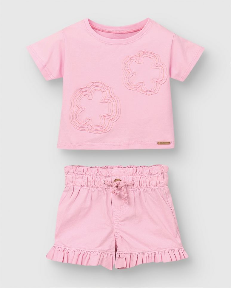 Conjunto Menina Blusa Com Bordado E Shorts Babados - Carinhoso