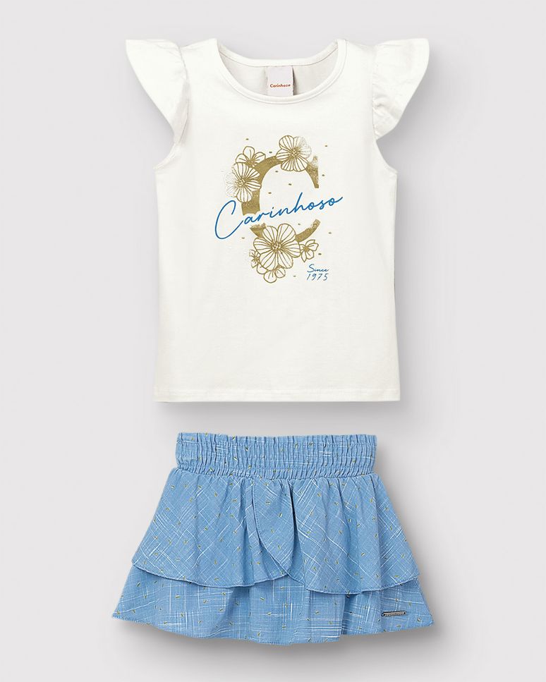 Conjunto Menina Blusa Estampa Foil Metalizada E Saia Em Viscose - Carinhoso