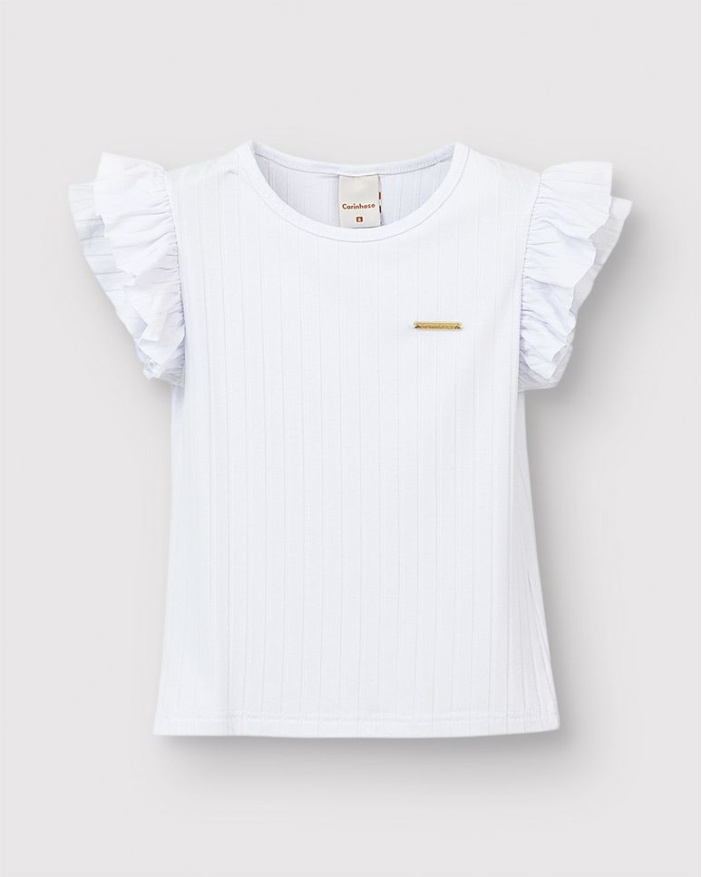 Blusa Menina Manga Babado Com Franzido Em Malha Viscose Canelada - Carinhoso