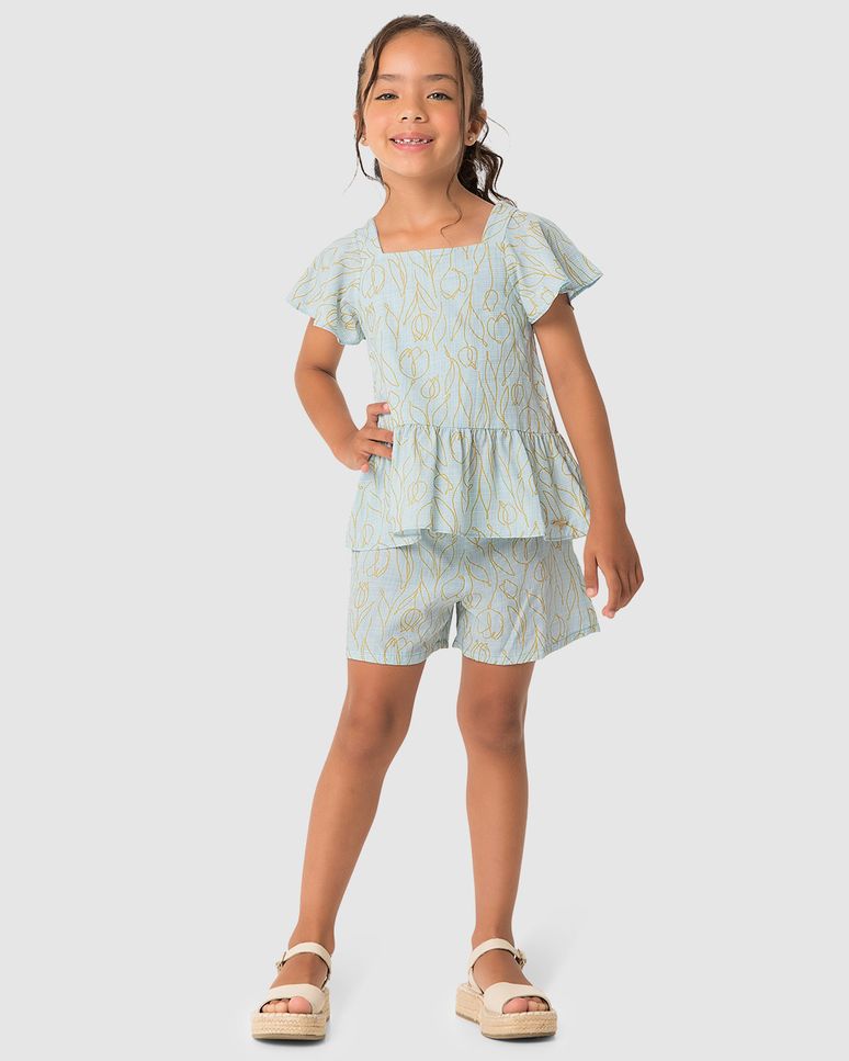 Conjunto Menina Blusa E Shorts Estampa Metalizada Em Viscose - Carinhoso