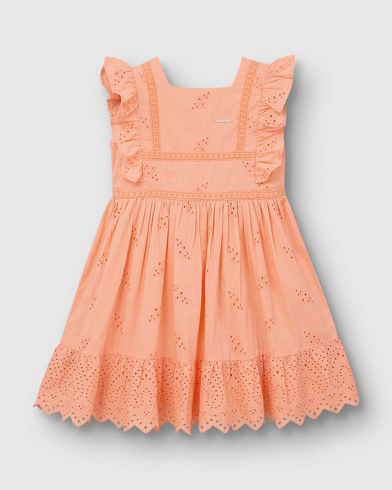 Vestido Menina Decote Quadrado Detalhe Babado Em Laise - Carinhoso