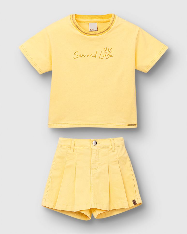 Conjunto Menina Blusa Sun And Love E Shorts Saia Em Sarja Stretch - Carinhoso