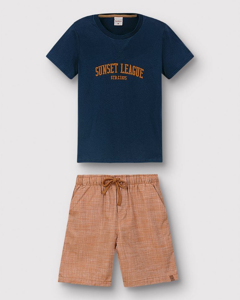 Conjunto Menino Bermuda Bolso Faca Em Algodão Texturizado - Carinhoso