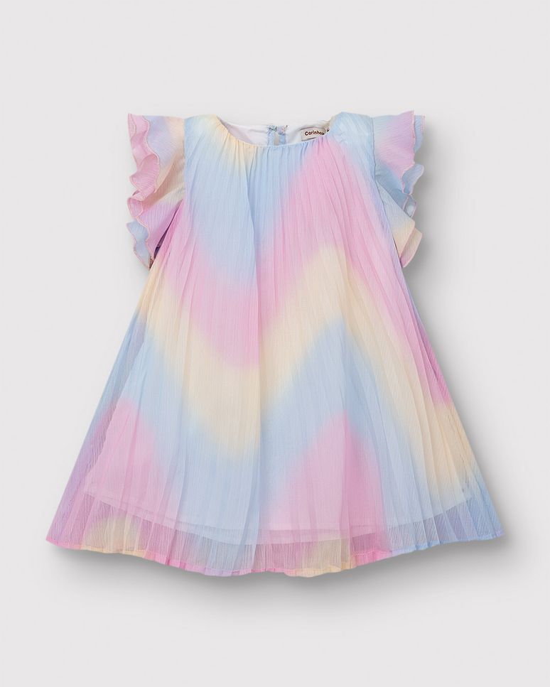 Vestido Menina Evasê Estampa Colorida Degradê Em Tecido Plissado - Carinhoso