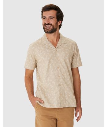 Camisa Masculina Estampada Manga Curta Em Algodão Com Linho