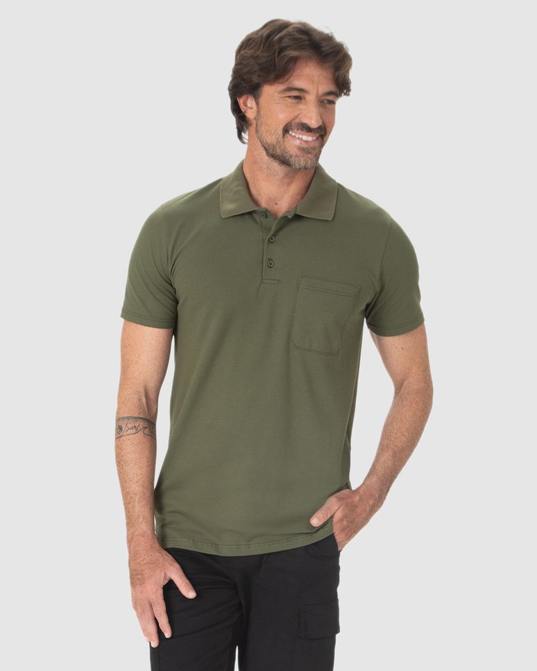 Camisa Polo Básica Masculina Gola Esporte E Bolso Piquet Stretch