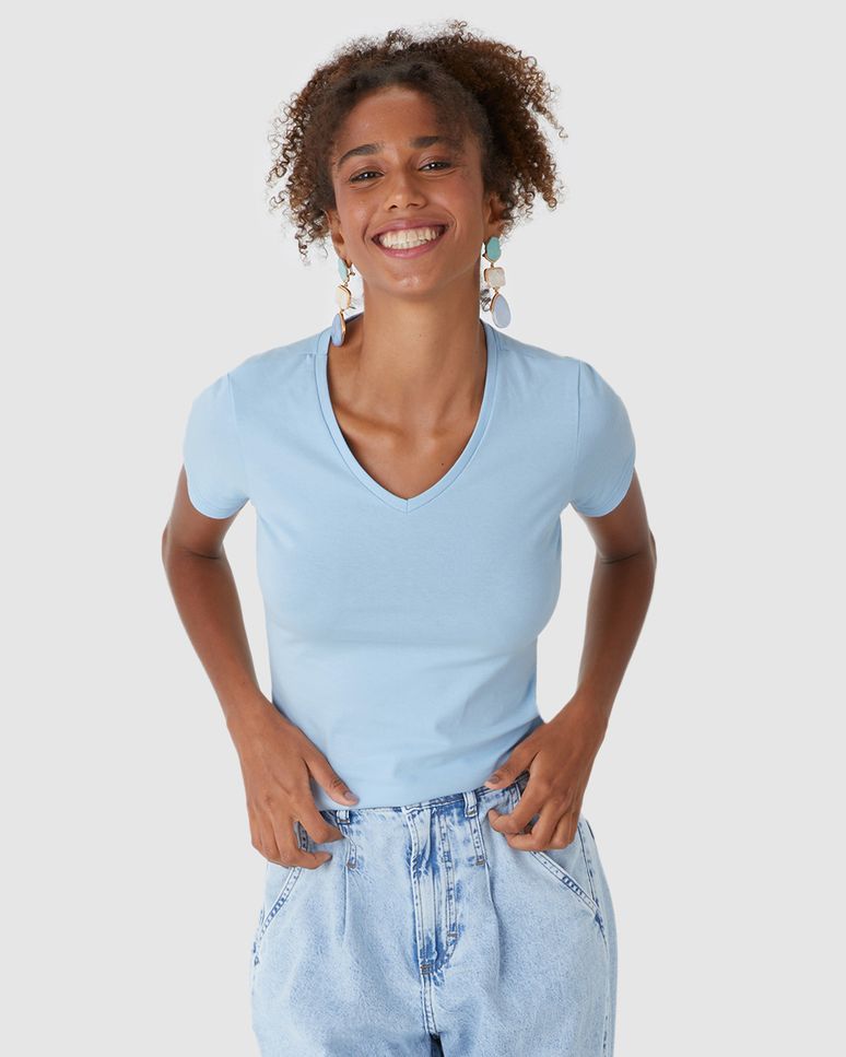 Blusa Básica Feminina Decote V Em Algodão