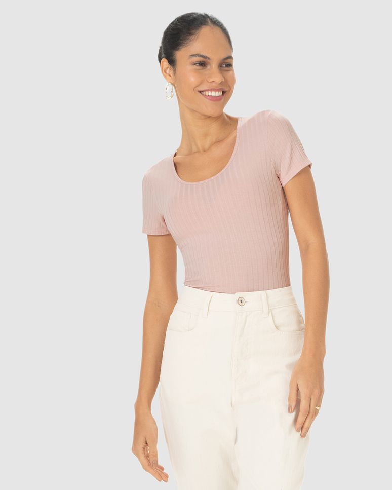 Blusa Básica Feminina Manga Curta Em Canelado De Viscose