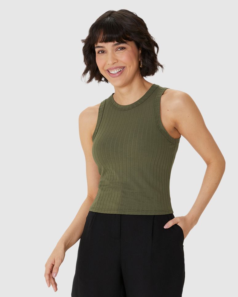 Regata Básica Feminina Long Cropped Em Malha Canelada De Viscose