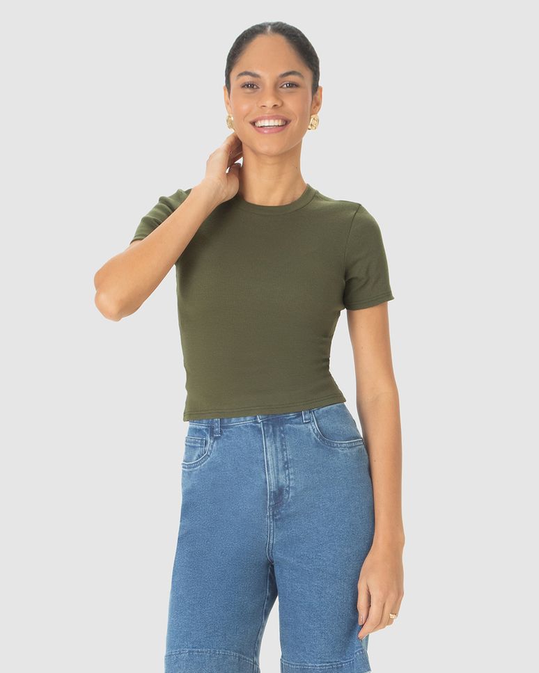 Blusa Básica Feminina Decote Redondo Em Ribana