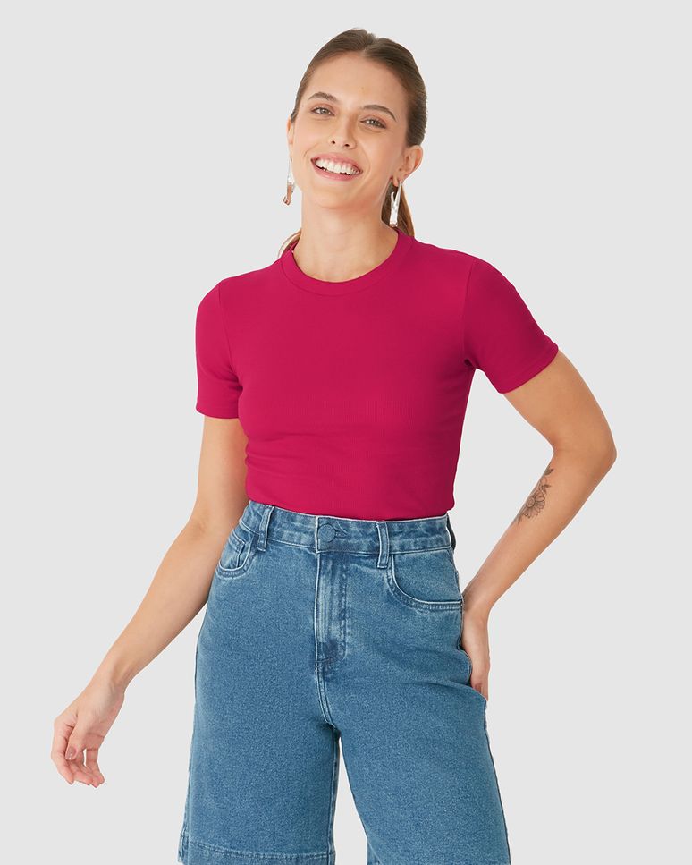 Blusa Básica Feminina Decote Redondo Em Ribana