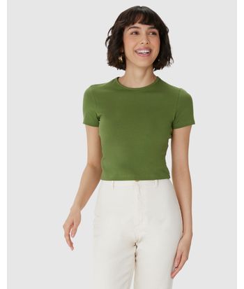 Blusa Long Cropped Feminina Manga Curta Em Algodão