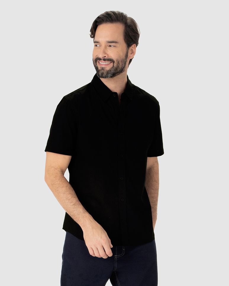 Camisa Masculina Regular Manga Curta Bordado Peitoral Em Tricoline