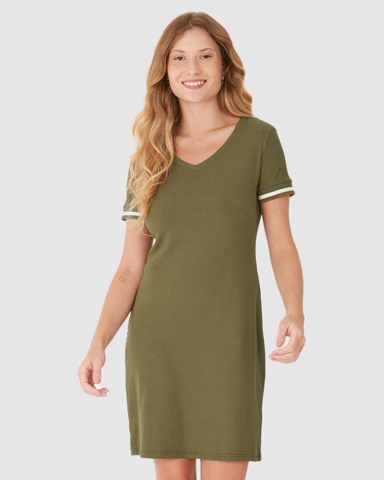 Vestido Básico Feminino Manga Retilínea Em Malha Viscose Canelada