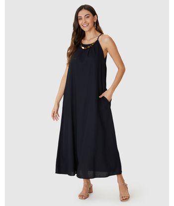 Vestido Midi Feminino Evasê Detalhe Colar Pedrarias Removível Em Viscolinho