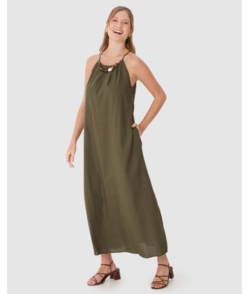 Vestido Midi Feminino Evasê Detalhe Colar Pedrarias Removível Em Viscolinho