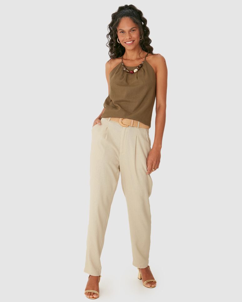 Calça Reta Feminina Cintura Alta Acompanha Cinto Em Viscolinho