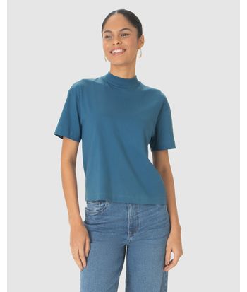 Blusa Básica Feminina Gola Alta Manga Curta Em Algodão