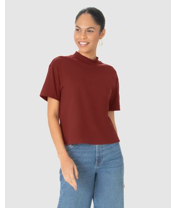 Blusa Básica Feminina Gola Alta Manga Curta Em Algodão