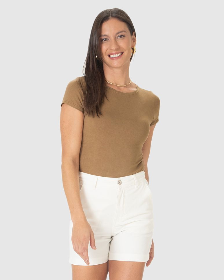 Blusa Básica Feminina Manga Curta Em Malha Viscolinho Stretch