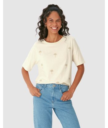 Camiseta Feminina Bordado Coqueiros Em Algodão