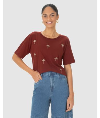 Camiseta Feminina Bordado Coqueiros Em Algodão