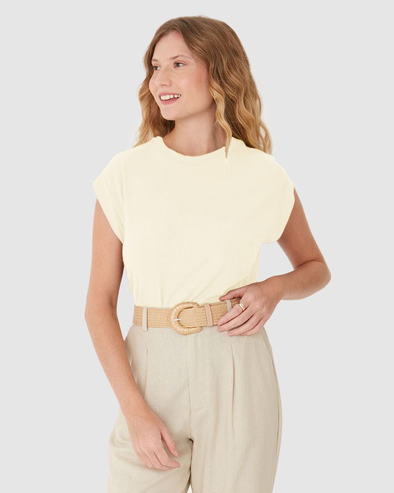 Blusa Ampla Feminina Decote Redondo Manga Curta Em Malha Viscose Canelada