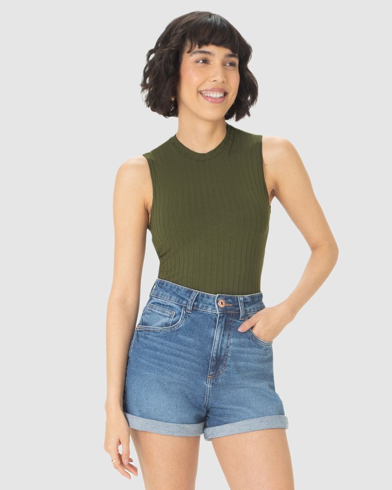 Regata Básica Feminina Justa Gola Alta Em Malha Viscose Canelada