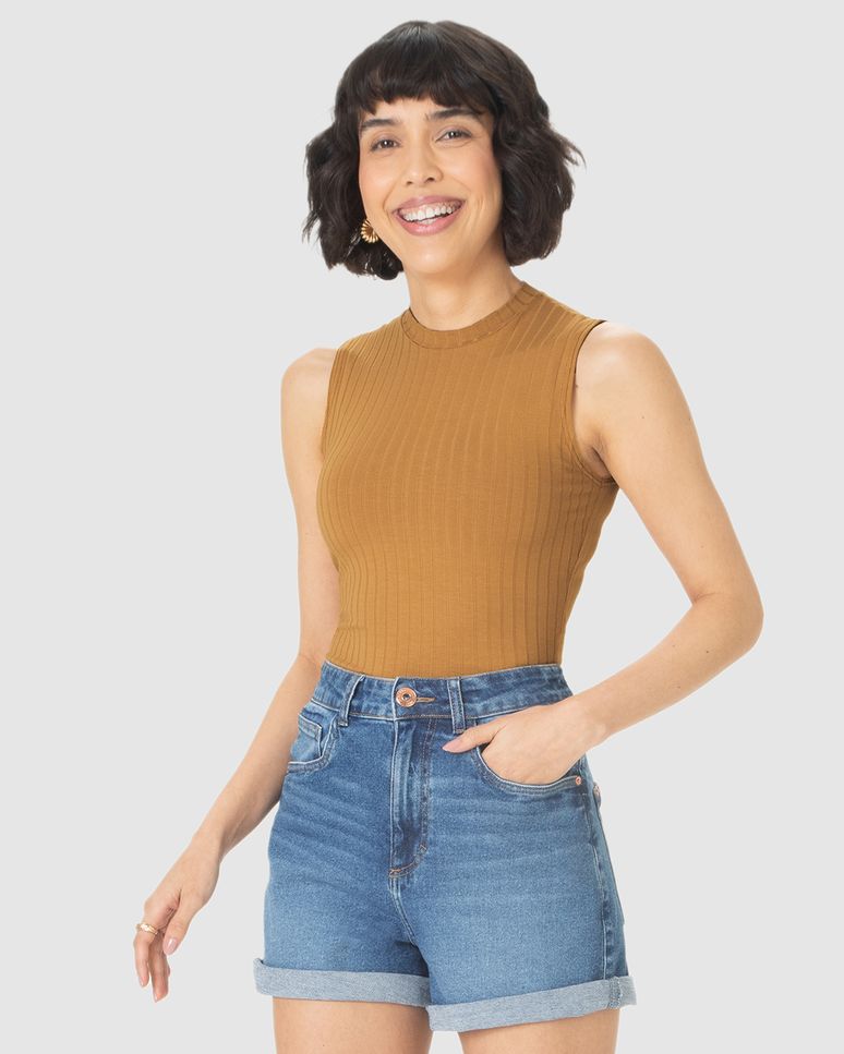 Regata Básica Feminina Justa Gola Alta Em Malha Viscose Canelada