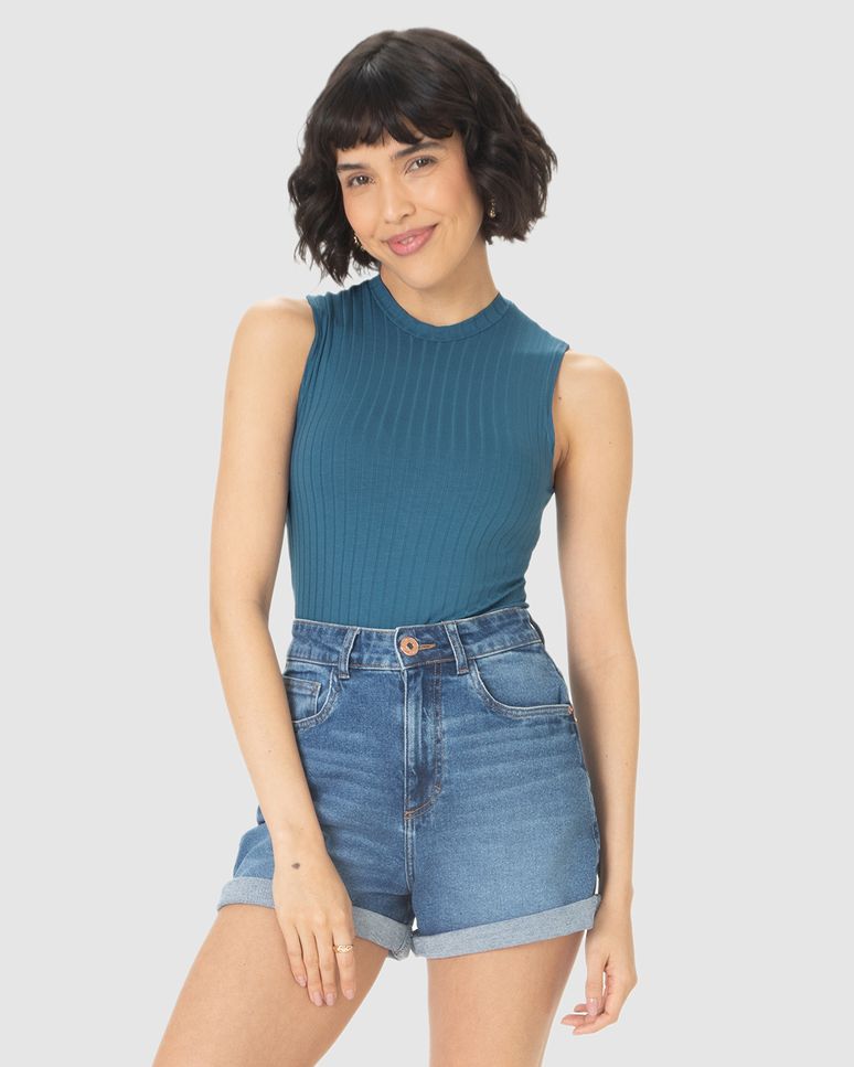Regata Básica Feminina Justa Gola Alta Em Malha Viscose Canelada