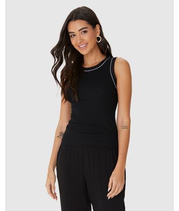 Regata Feminina Filete Costura Contraste Em Malha Viscose Canelada