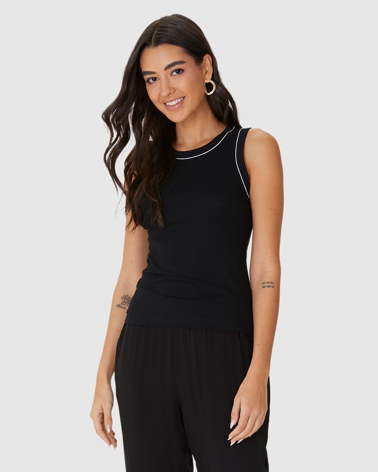 Regata Feminina Filete Costura Contraste Em Malha Viscose Canelada