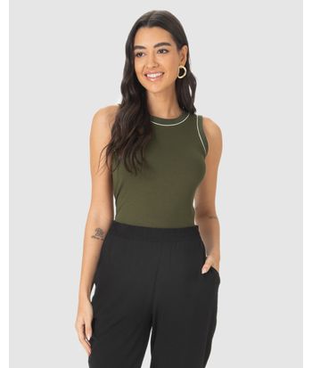 Regata Feminina Filete Costura Contraste Em Malha Viscose Canelada