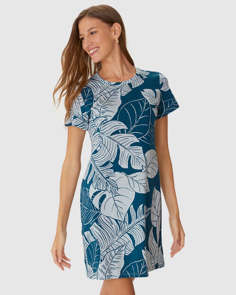 Vestido Feminino Estampado Com Decote Redondo Em Algodão