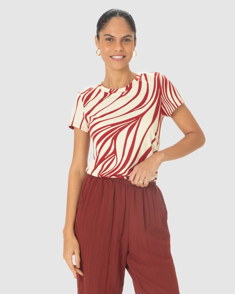 Blusa Feminina Decote Redondo Abstrata Em Algodão