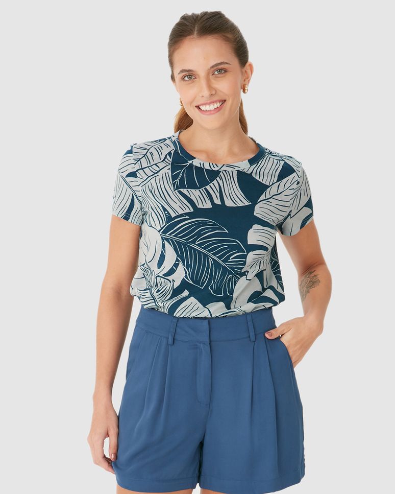 Blusa Feminina Decote Redondo Folhagem Em Algodão