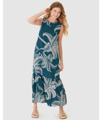 Vestido Midi Feminino Evasê Sem Manga Estampa Floral Em Viscose