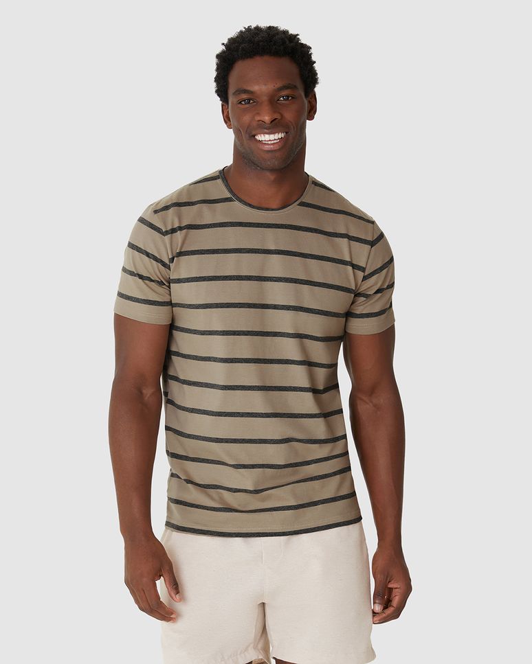 Camiseta Masculina Regular Decote Redondo Manga Curta Em Malha Listrada