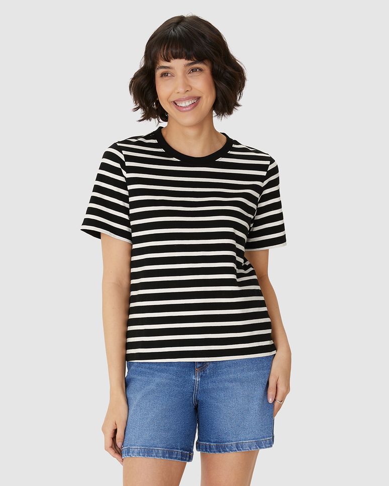Camiseta Feminina Reta Manga Curta Em Malha Listrada
