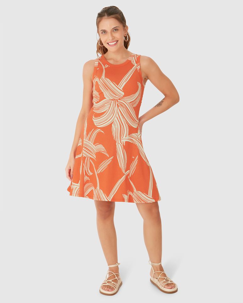Vestido Feminino Evasê Sem Manga Estampa Floral Em Malha Viscose Canelada