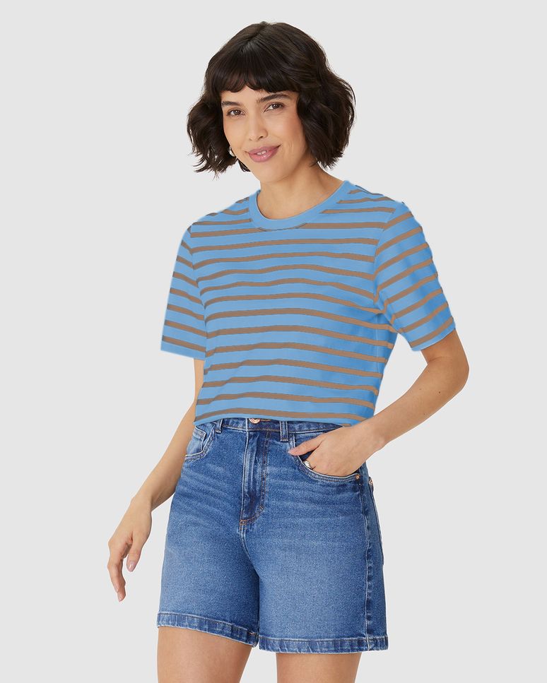 Camiseta Feminina Reta Manga Curta Em Malha Listrada