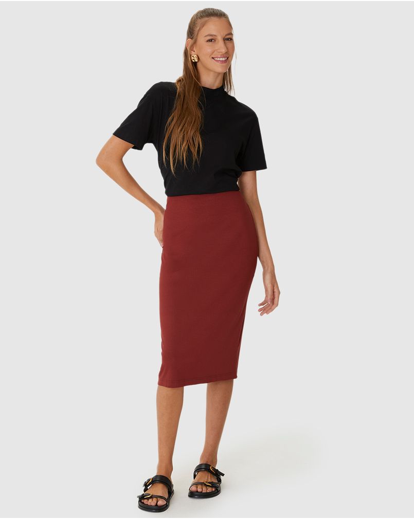 Saia Midi Feminina Em Malha Viscose Canelada VERMELHO Malwee